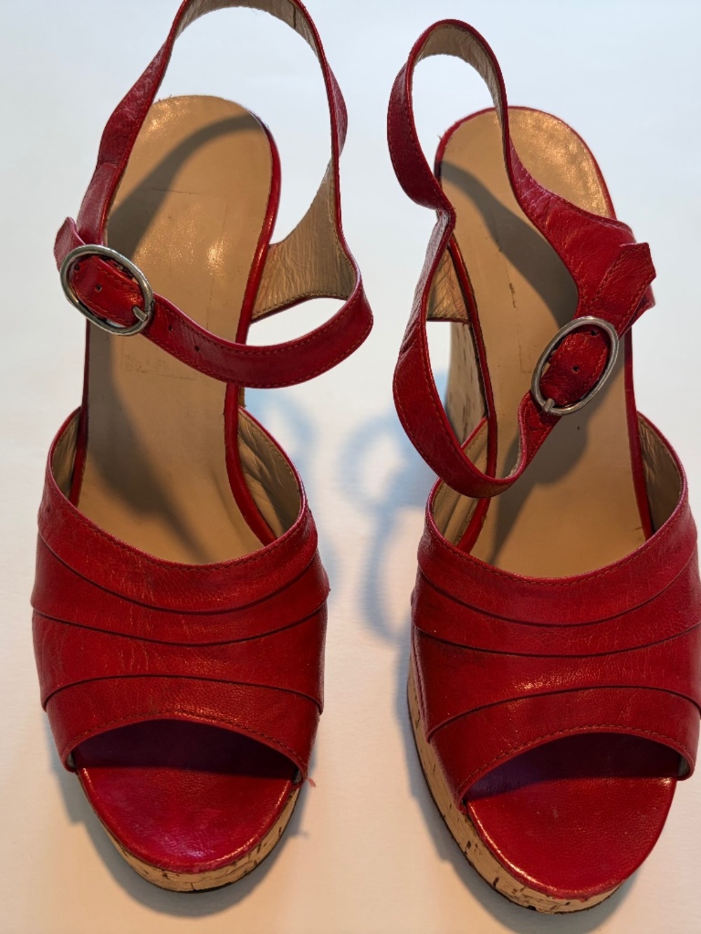 Red Leather Cork Wedge Sandals Ankle Strap Peep Toe European Style Size 5
